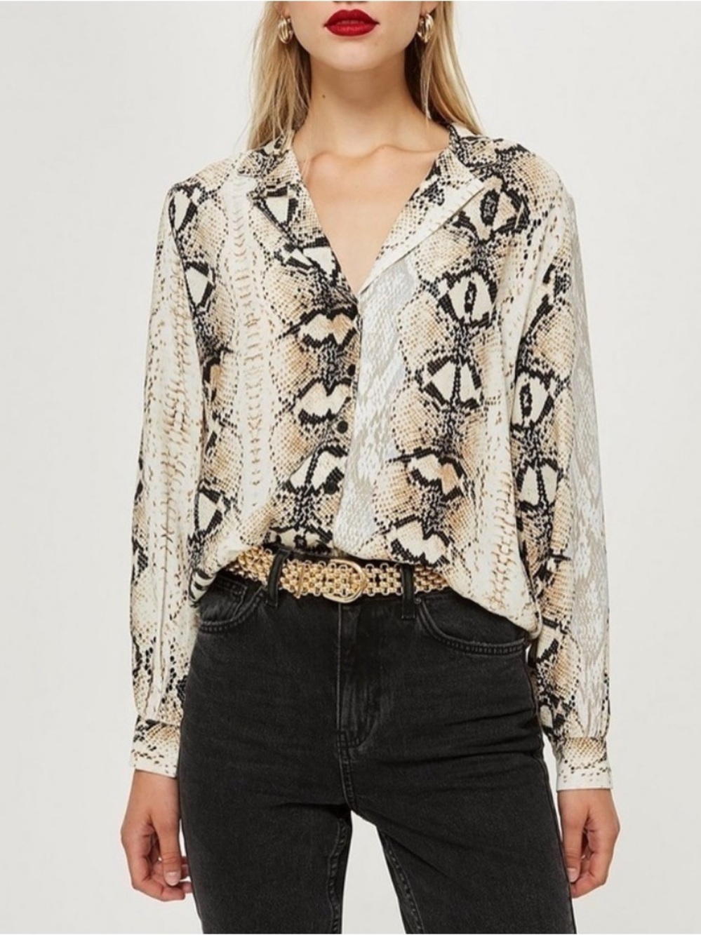 Topshop Snakeskin Print Button Up Shirt Blouse Cream and Black Size 6